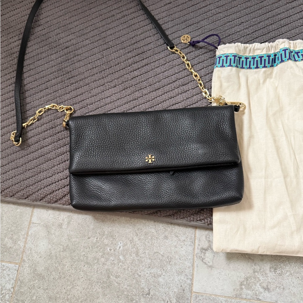 Tory Burch Black Leather Shoulder Bag with Gold Chain